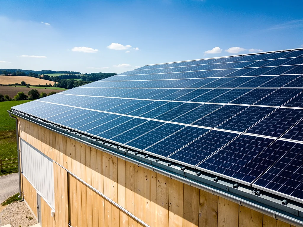 Panneaux solaires photovoltaïques couvrant la toiture d'un grand hangar agricole