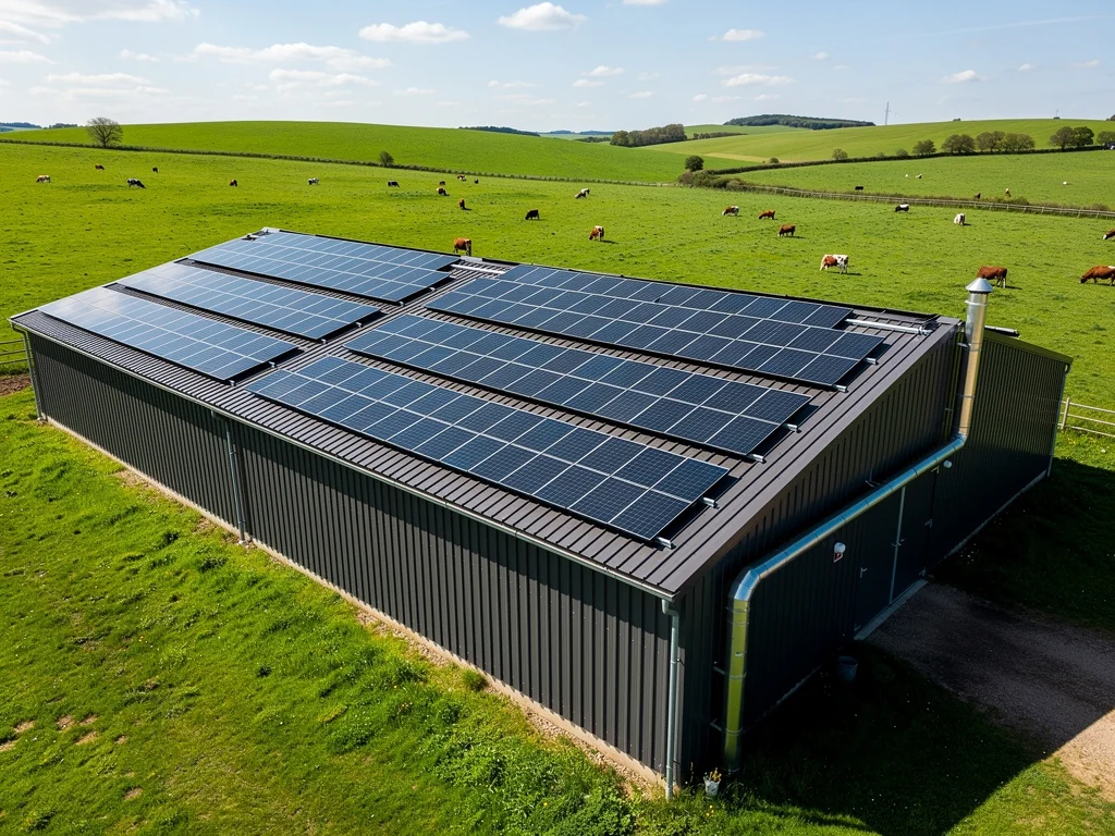 Modules solaires alignés sur le toit en bac acier d'un bâtiment d'élevage