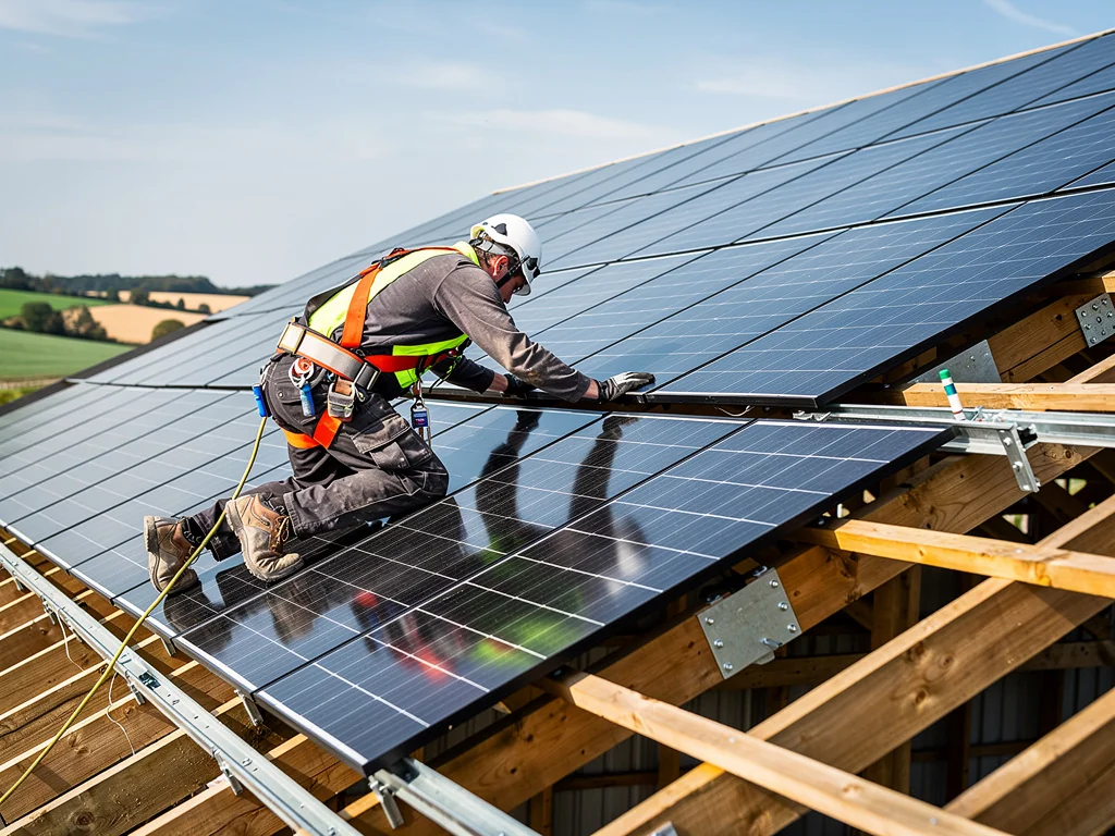 Technicien RGE fixant des panneaux solaires sur la charpente d'un bâtiment agricole